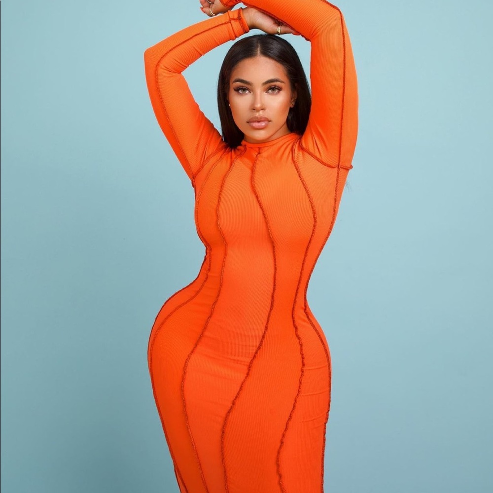 Gorgeous Prettylittlething Orange Striped MIDI Dress